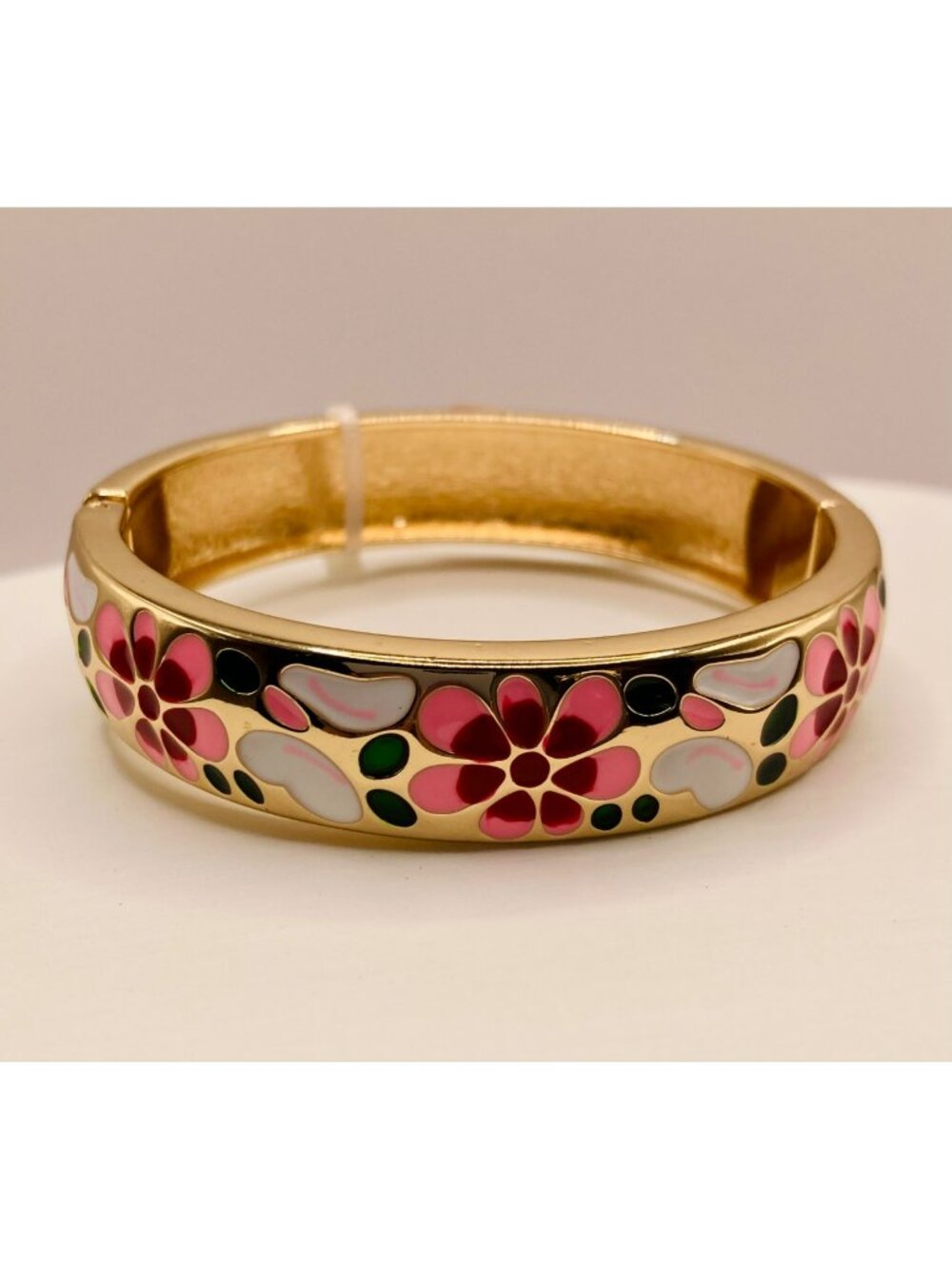 New Pink Enamel Gold Tone Floral Hinged Bangle Bracelet -14B